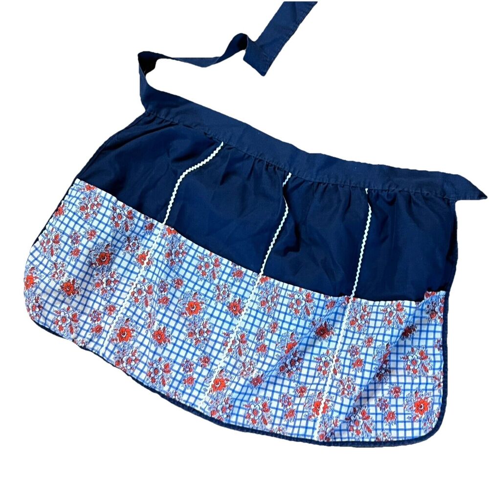 Vintage REVERSIBLE Half Apron Red White Blue Polka Dot Floral Cotton 59"